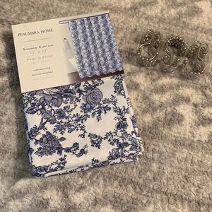 Shower curtain blue floral nwt w 12 shower hooks